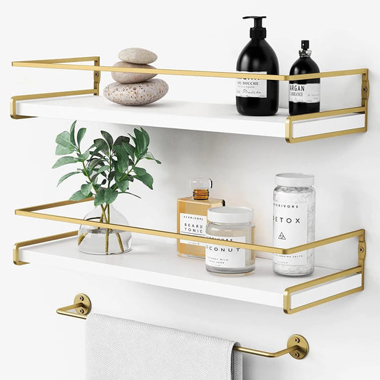 Set of 3 Floating Shelves, 15.7" Wall Mounted Storage Shelves, Gold White