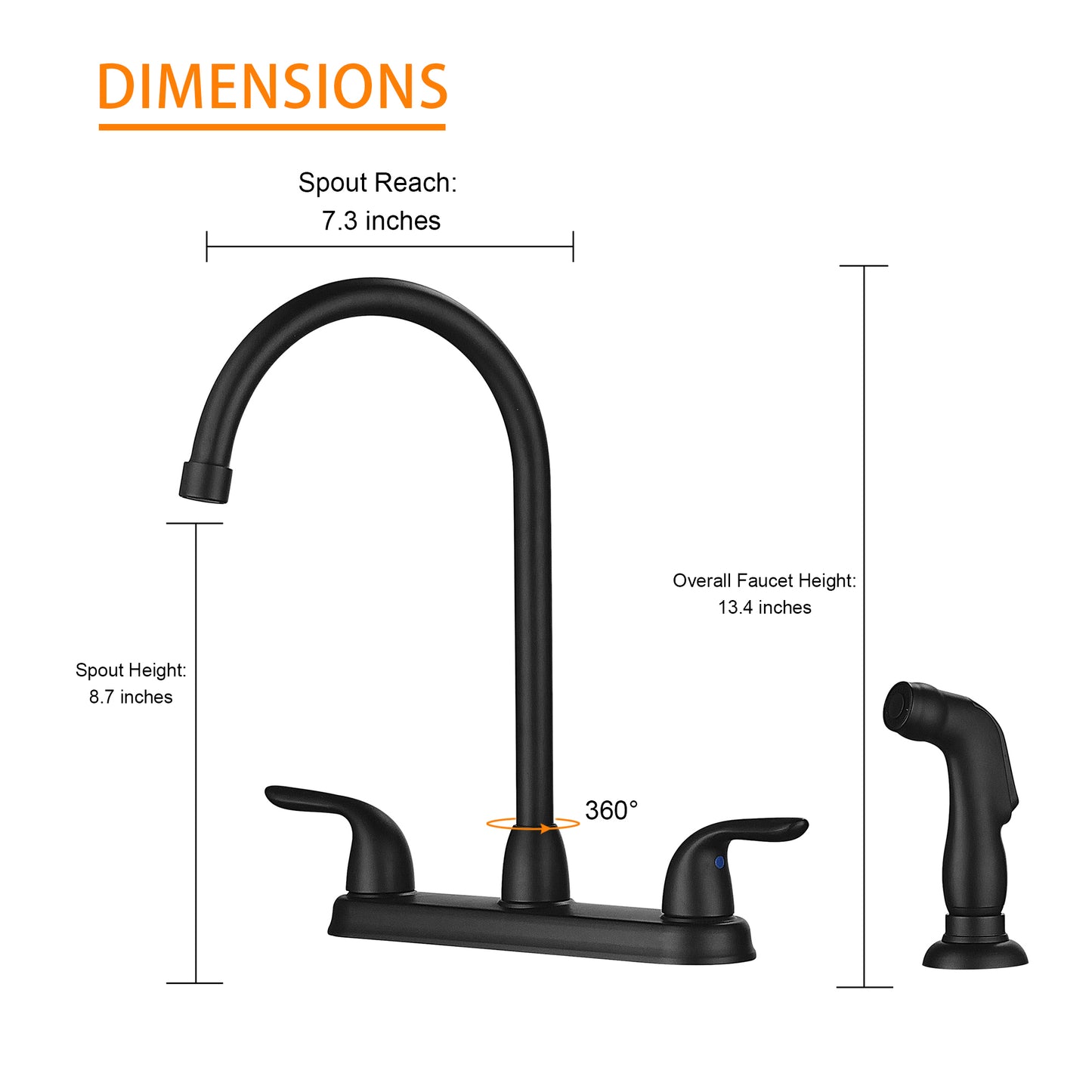 Kitchen Sink Faucet with 2 Handles and Pull-Out Side Sprayer, 4-Hole Installation, Matte Black