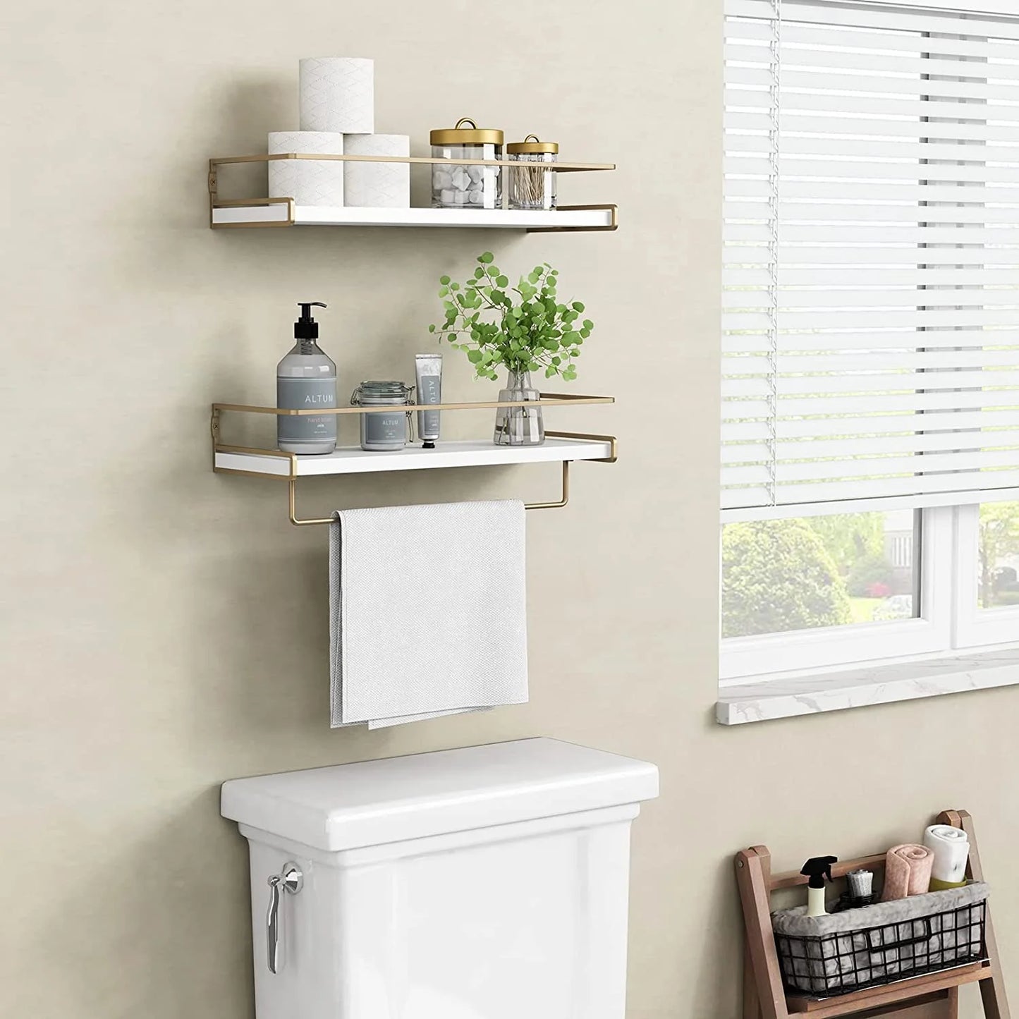 Set of 3 Floating Shelves, 15.7" Wall Mounted Storage Shelves, Gold White