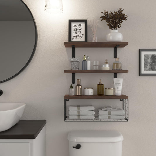 Bathroom Shelf Over Toilet, Floating Bathroom Shelf Wall Mounted with Wire Basket